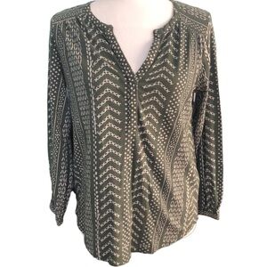 Beautiful Lucky Brand Olive Green White Print Peasant Blouse, Size Small